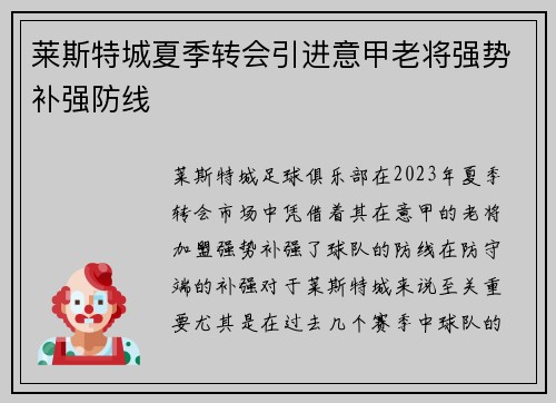 莱斯特城夏季转会引进意甲老将强势补强防线